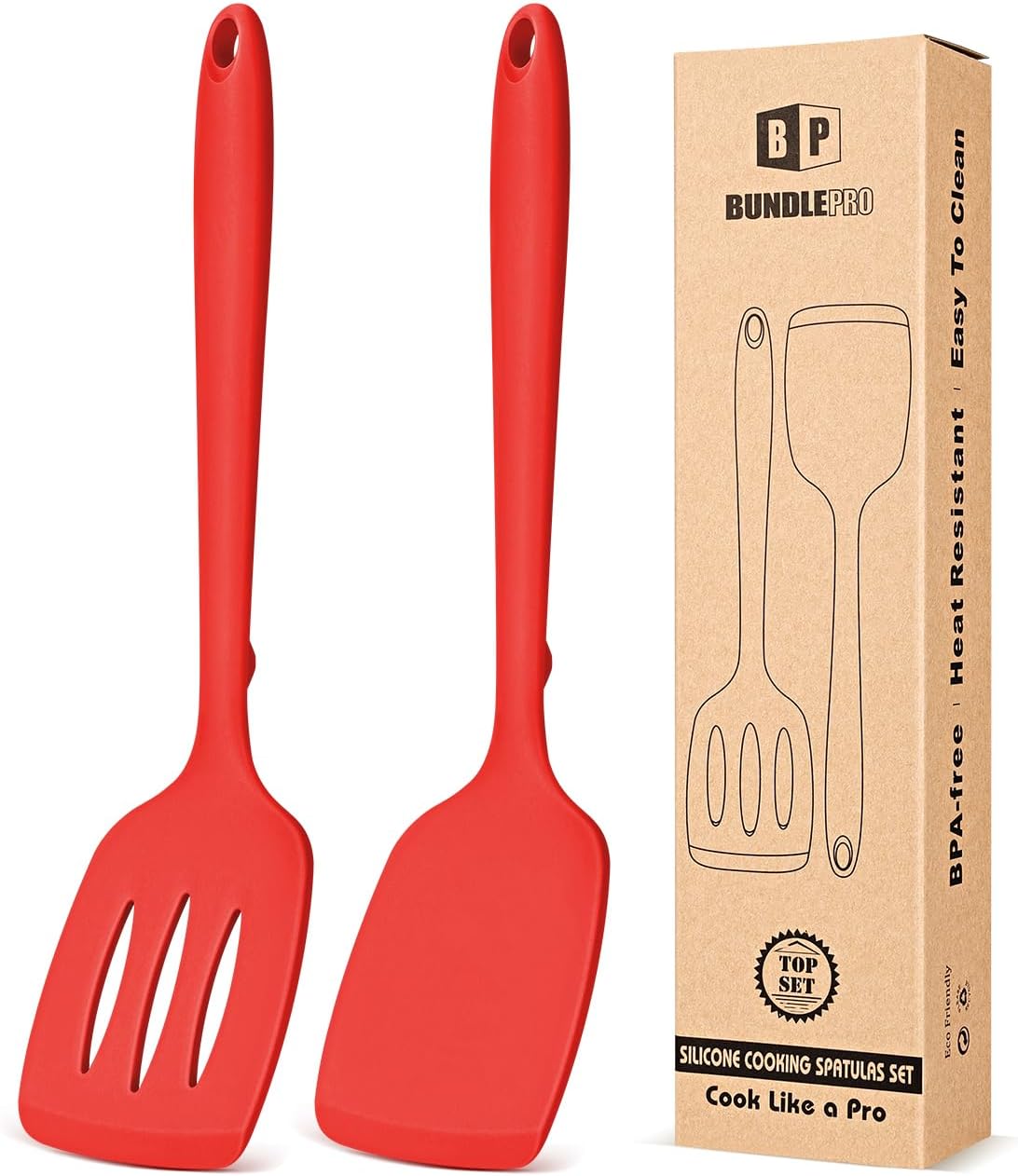 Silicone Spatula, Solid & Slotted Turner, One-Piece, 2 Pack,Khaki