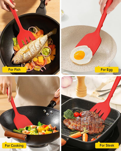 Silicone Spatula, Solid & Slotted Turner, One-Piece, 2 Pack,Khaki