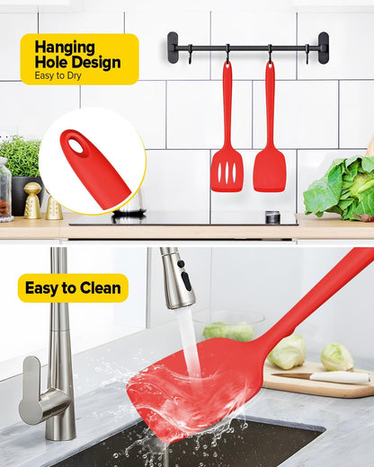 Silicone Spatula, Solid & Slotted Turner, One-Piece, 2 Pack,Khaki