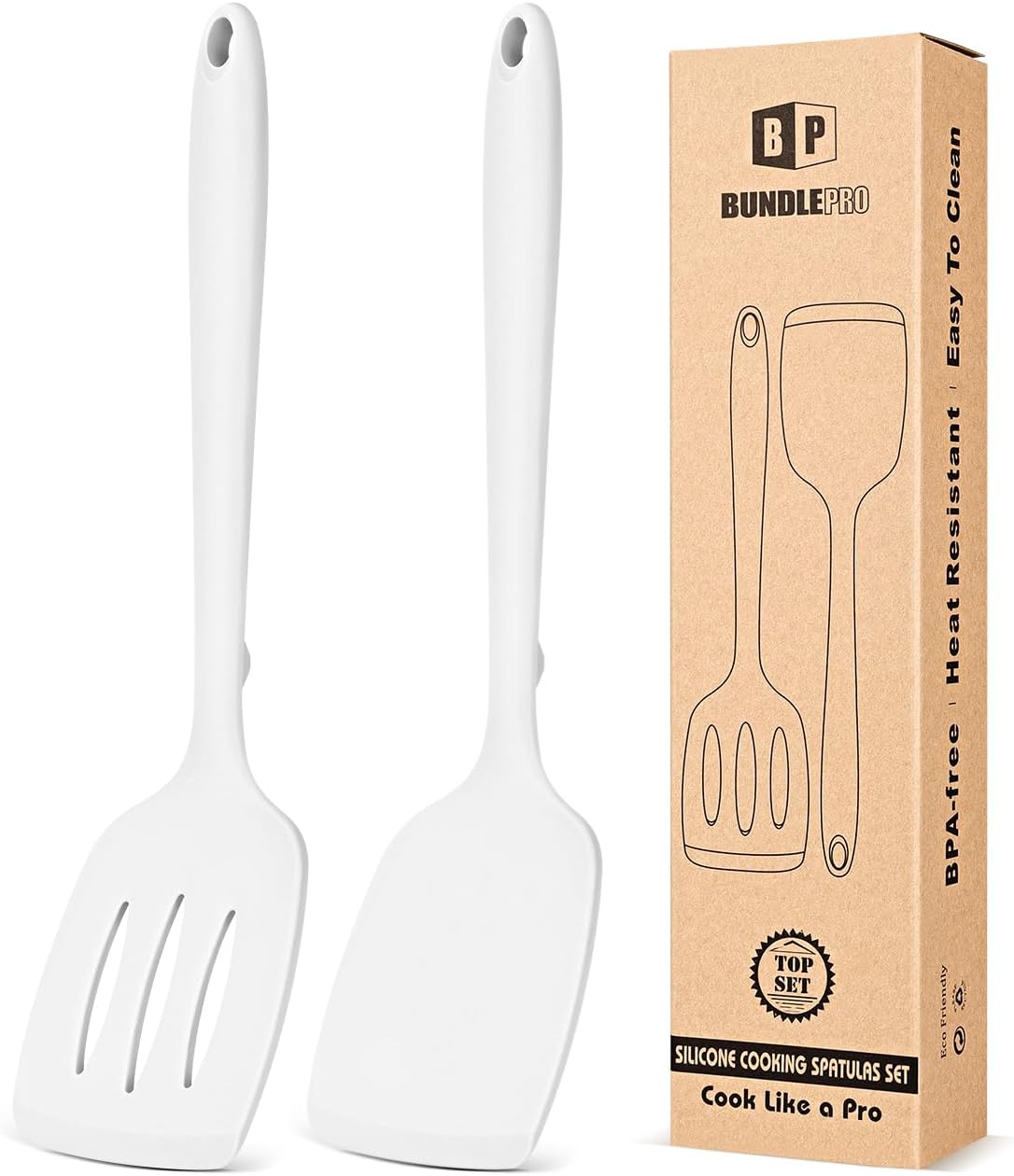 Silicone Spatula, Solid & Slotted Turner, One-Piece, 2 Pack,Khaki