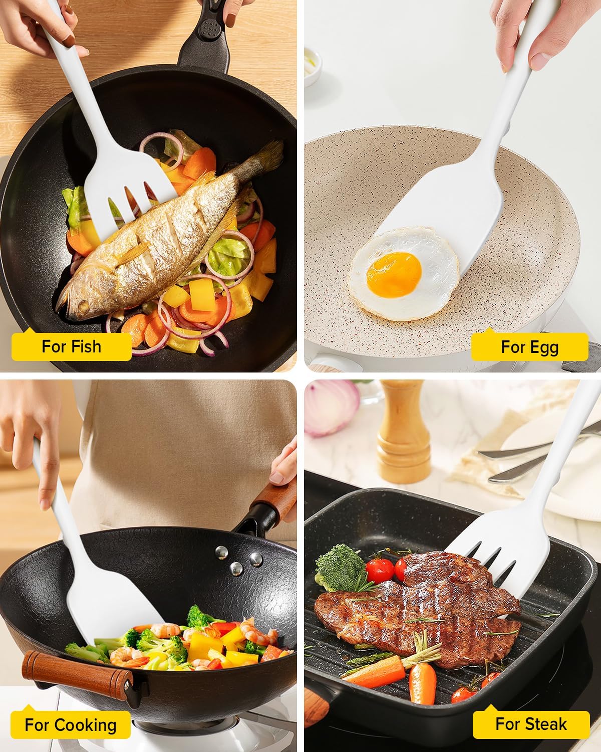 Silicone Spatula, Solid & Slotted Turner, One-Piece, 2 Pack,Khaki