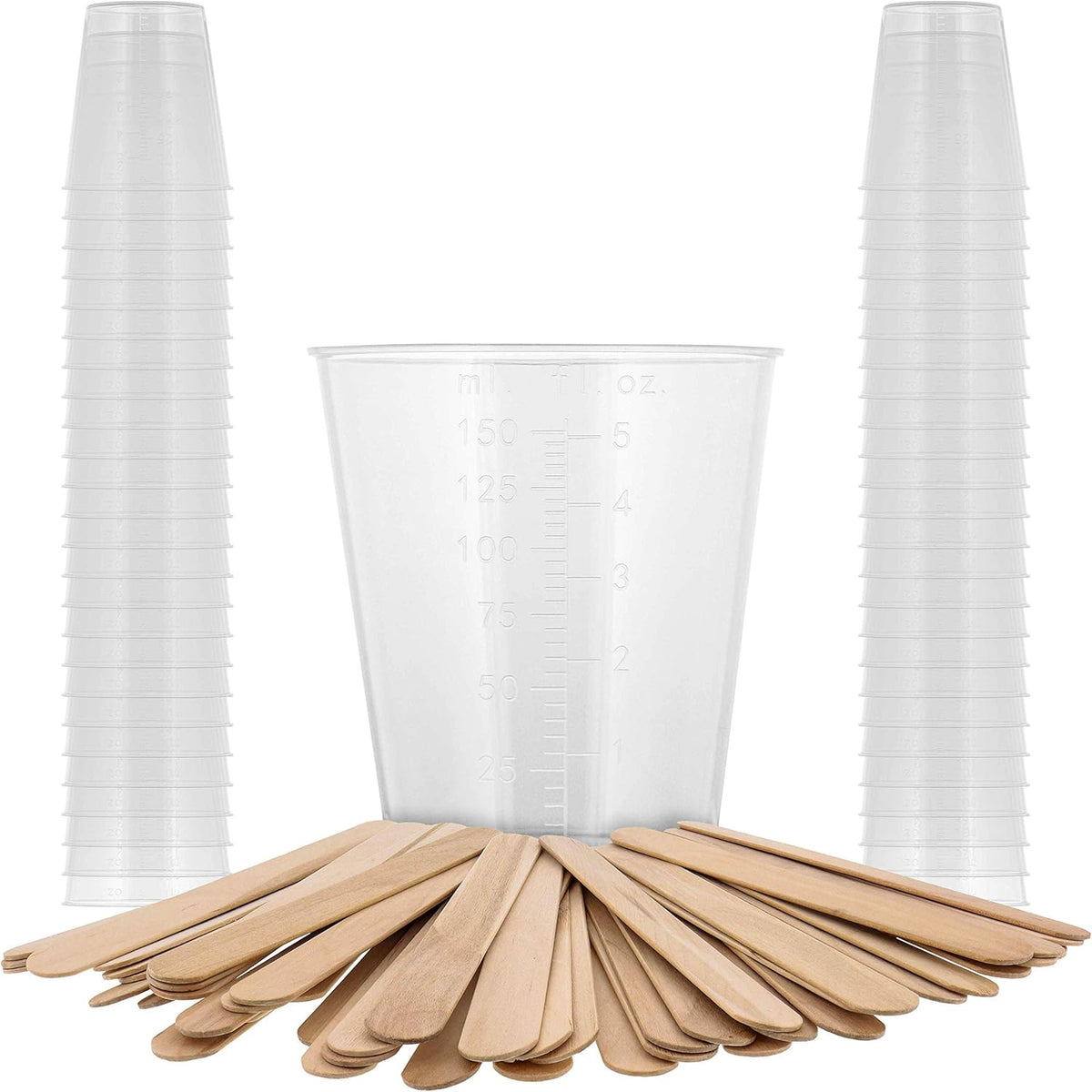 5 Oz (150 ml) Liquid Measuring Cups - Plastic Graduated Cup (50 Pack) with 25 Sticks - Reusable Mixing Cups for Paint, Craft, Kitchen, Lab, Medical Supplies, Epoxy Resin, Art