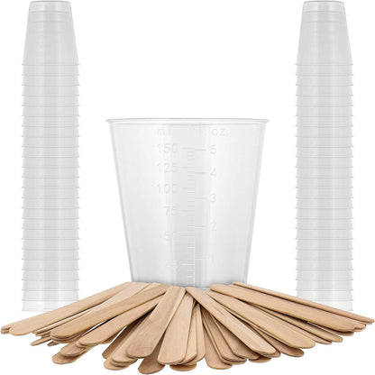 5 Oz (150 ml) Liquid Measuring Cups - Plastic Graduated Cup (50 Pack) with 25 Sticks - Reusable Mixing Cups for Paint, Craft, Kitchen, Lab, Medical Supplies, Epoxy Resin, Art