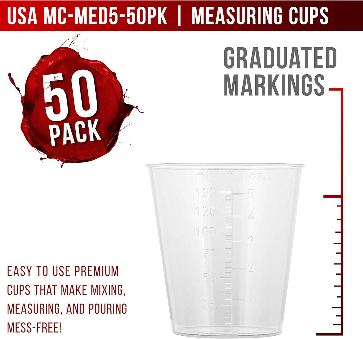 5 Oz (150 ml) Liquid Measuring Cups - Plastic Graduated Cup (50 Pack) with 25 Sticks - Reusable Mixing Cups for Paint, Craft, Kitchen, Lab, Medical Supplies, Epoxy Resin, Art