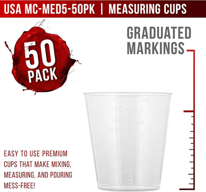 5 Oz (150 ml) Liquid Measuring Cups - Plastic Graduated Cup (50 Pack) with 25 Sticks - Reusable Mixing Cups for Paint, Craft, Kitchen, Lab, Medical Supplies, Epoxy Resin, Art