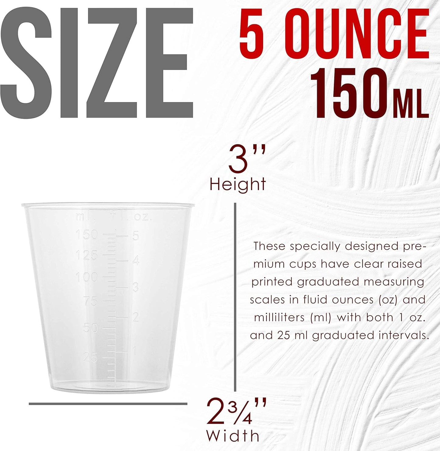 5 Oz (150 ml) Liquid Measuring Cups - Plastic Graduated Cup (50 Pack) with 25 Sticks - Reusable Mixing Cups for Paint, Craft, Kitchen, Lab, Medical Supplies, Epoxy Resin, Art