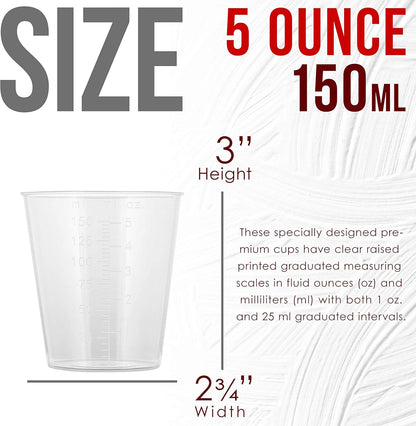 5 Oz (150 ml) Liquid Measuring Cups - Plastic Graduated Cup (50 Pack) with 25 Sticks - Reusable Mixing Cups for Paint, Craft, Kitchen, Lab, Medical Supplies, Epoxy Resin, Art