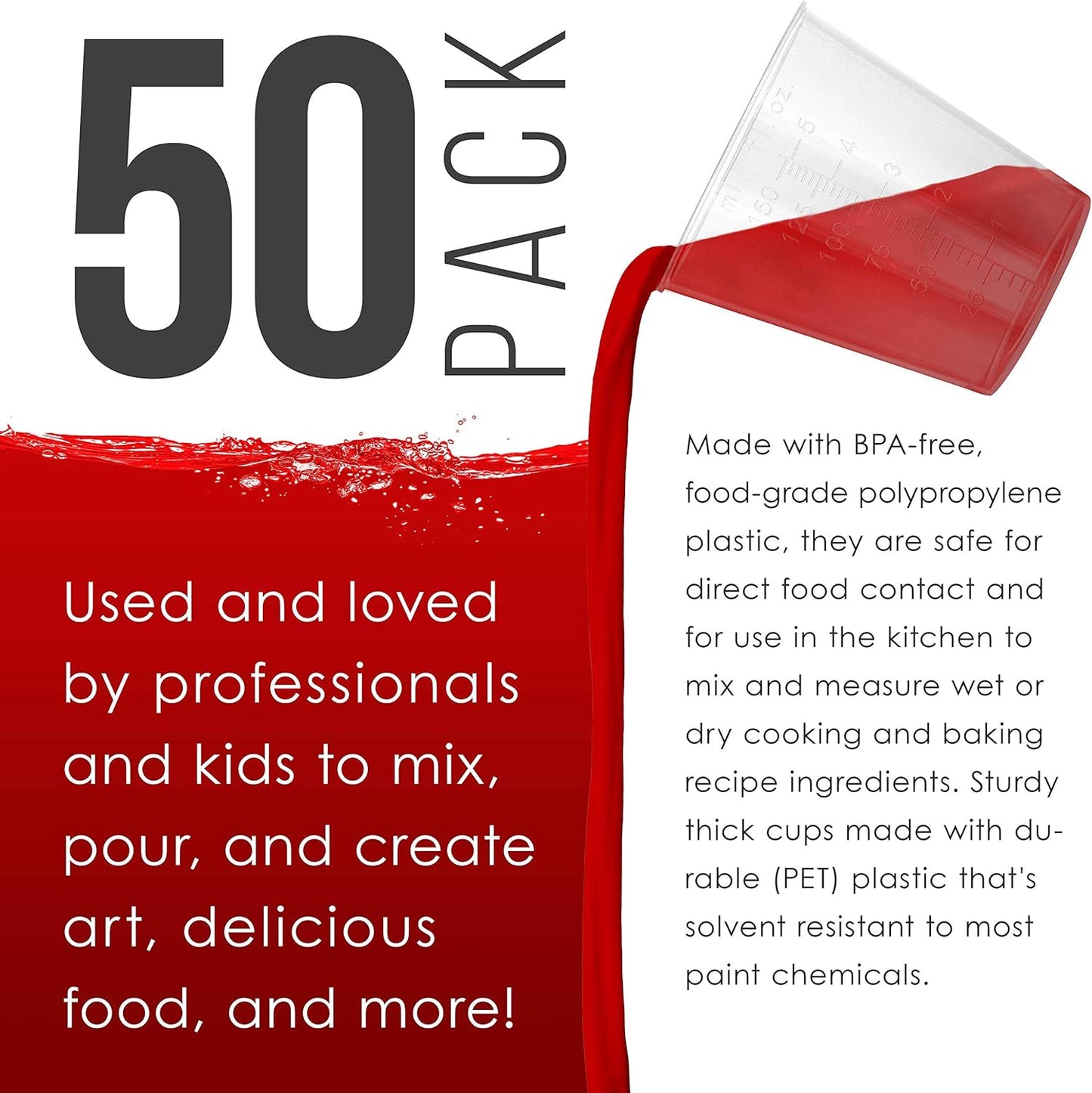 5 Oz (150 ml) Liquid Measuring Cups - Plastic Graduated Cup (50 Pack) with 25 Sticks - Reusable Mixing Cups for Paint, Craft, Kitchen, Lab, Medical Supplies, Epoxy Resin, Art