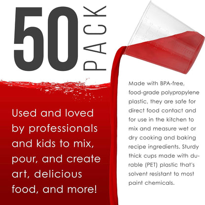 5 Oz (150 ml) Liquid Measuring Cups - Plastic Graduated Cup (50 Pack) with 25 Sticks - Reusable Mixing Cups for Paint, Craft, Kitchen, Lab, Medical Supplies, Epoxy Resin, Art
