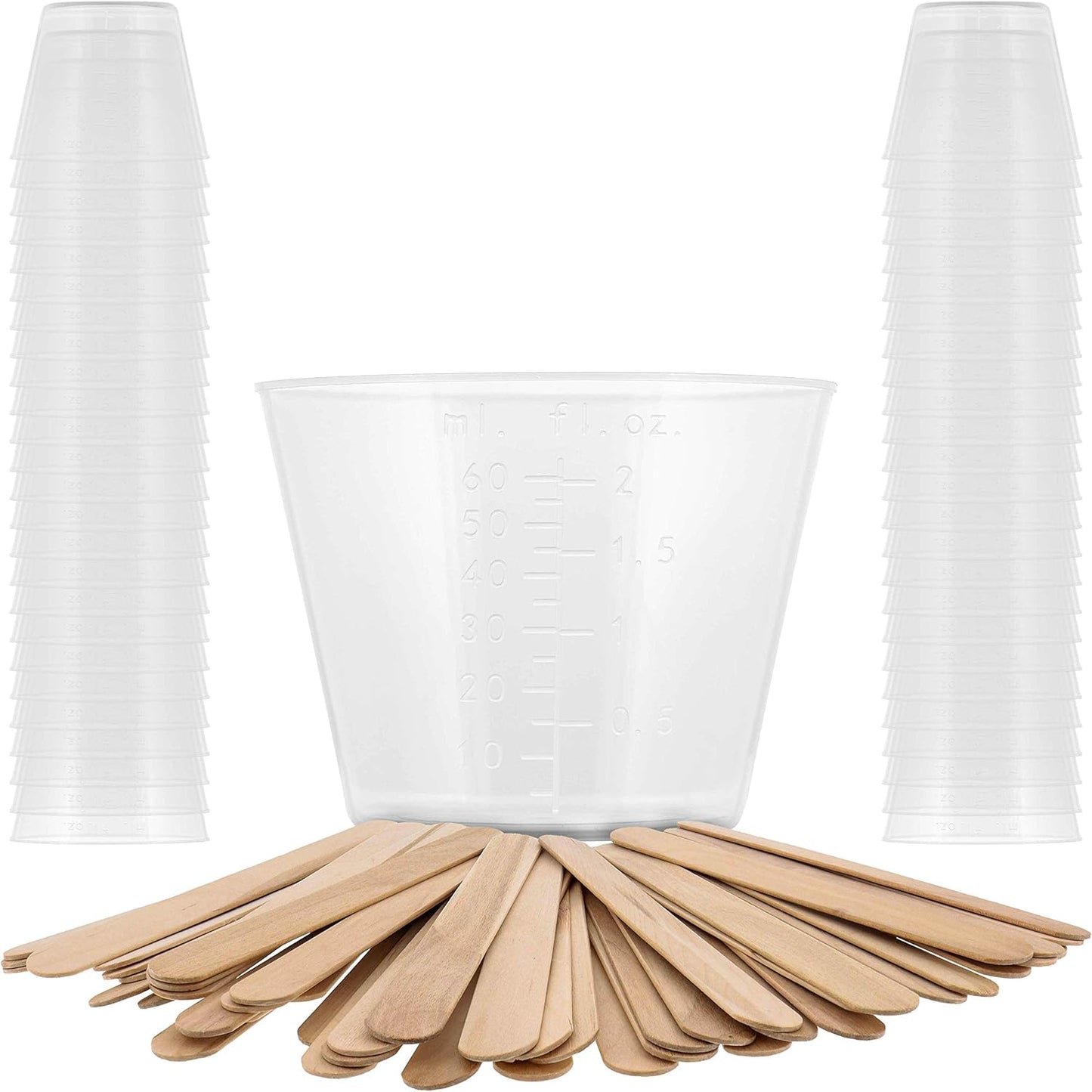 5 Oz (150 ml) Liquid Measuring Cups - Plastic Graduated Cup (50 Pack) with 25 Sticks - Reusable Mixing Cups for Paint, Craft, Kitchen, Lab, Medical Supplies, Epoxy Resin, Art