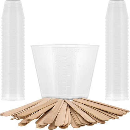5 Oz (150 ml) Liquid Measuring Cups - Plastic Graduated Cup (50 Pack) with 25 Sticks - Reusable Mixing Cups for Paint, Craft, Kitchen, Lab, Medical Supplies, Epoxy Resin, Art
