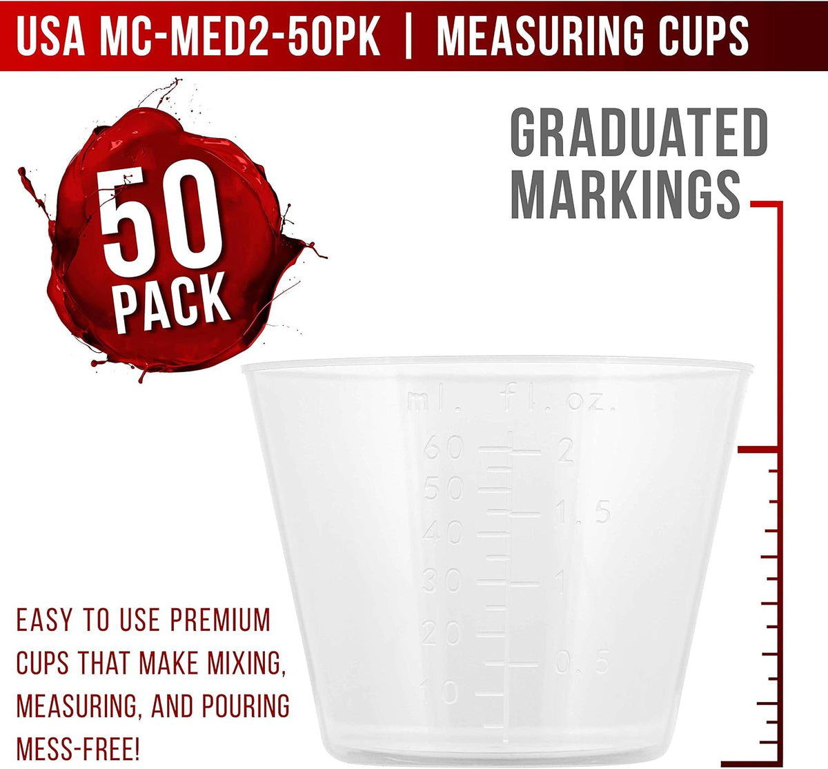 5 Oz (150 ml) Liquid Measuring Cups - Plastic Graduated Cup (50 Pack) with 25 Sticks - Reusable Mixing Cups for Paint, Craft, Kitchen, Lab, Medical Supplies, Epoxy Resin, Art