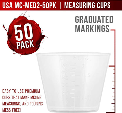 5 Oz (150 ml) Liquid Measuring Cups - Plastic Graduated Cup (50 Pack) with 25 Sticks - Reusable Mixing Cups for Paint, Craft, Kitchen, Lab, Medical Supplies, Epoxy Resin, Art
