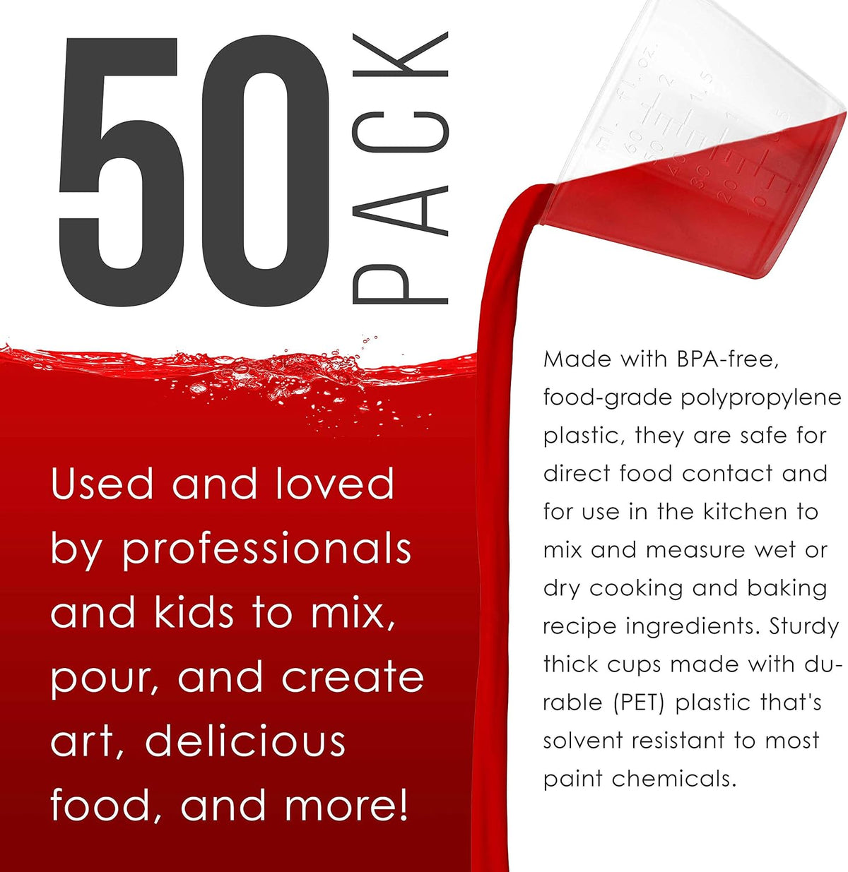5 Oz (150 ml) Liquid Measuring Cups - Plastic Graduated Cup (50 Pack) with 25 Sticks - Reusable Mixing Cups for Paint, Craft, Kitchen, Lab, Medical Supplies, Epoxy Resin, Art