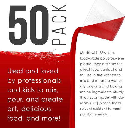 5 Oz (150 ml) Liquid Measuring Cups - Plastic Graduated Cup (50 Pack) with 25 Sticks - Reusable Mixing Cups for Paint, Craft, Kitchen, Lab, Medical Supplies, Epoxy Resin, Art