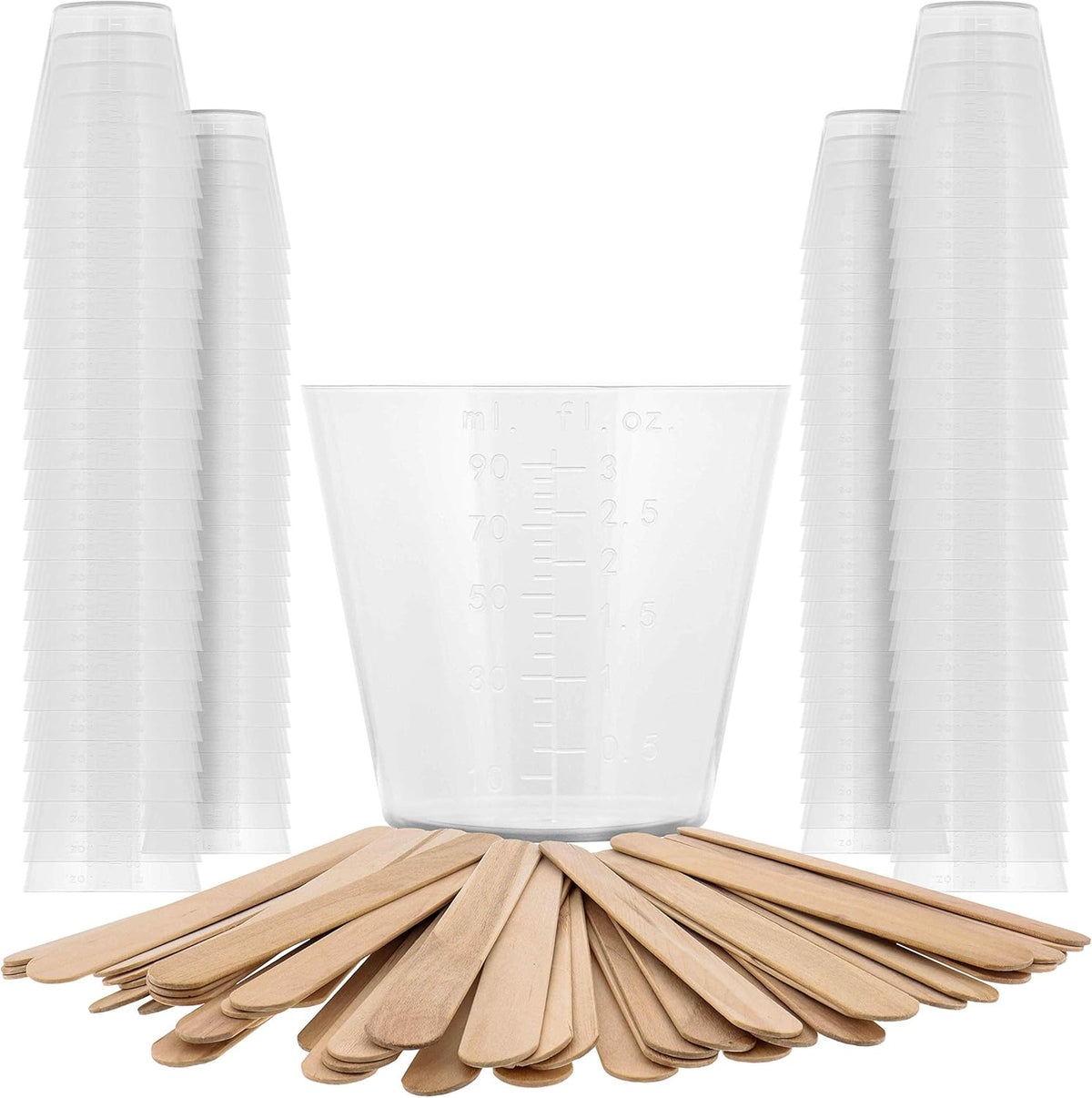 5 Oz (150 ml) Liquid Measuring Cups - Plastic Graduated Cup (50 Pack) with 25 Sticks - Reusable Mixing Cups for Paint, Craft, Kitchen, Lab, Medical Supplies, Epoxy Resin, Art