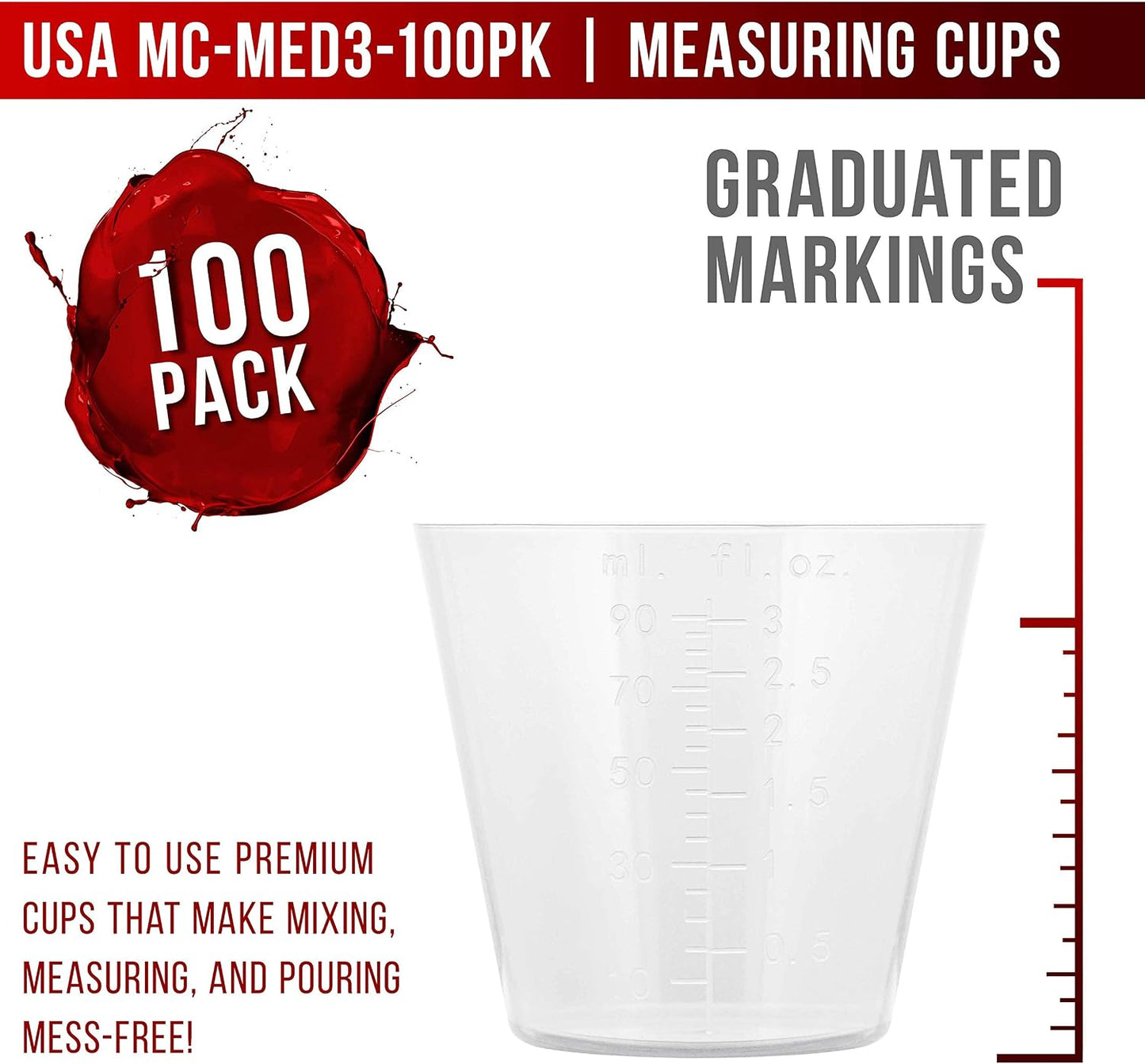 5 Oz (150 ml) Liquid Measuring Cups - Plastic Graduated Cup (50 Pack) with 25 Sticks - Reusable Mixing Cups for Paint, Craft, Kitchen, Lab, Medical Supplies, Epoxy Resin, Art