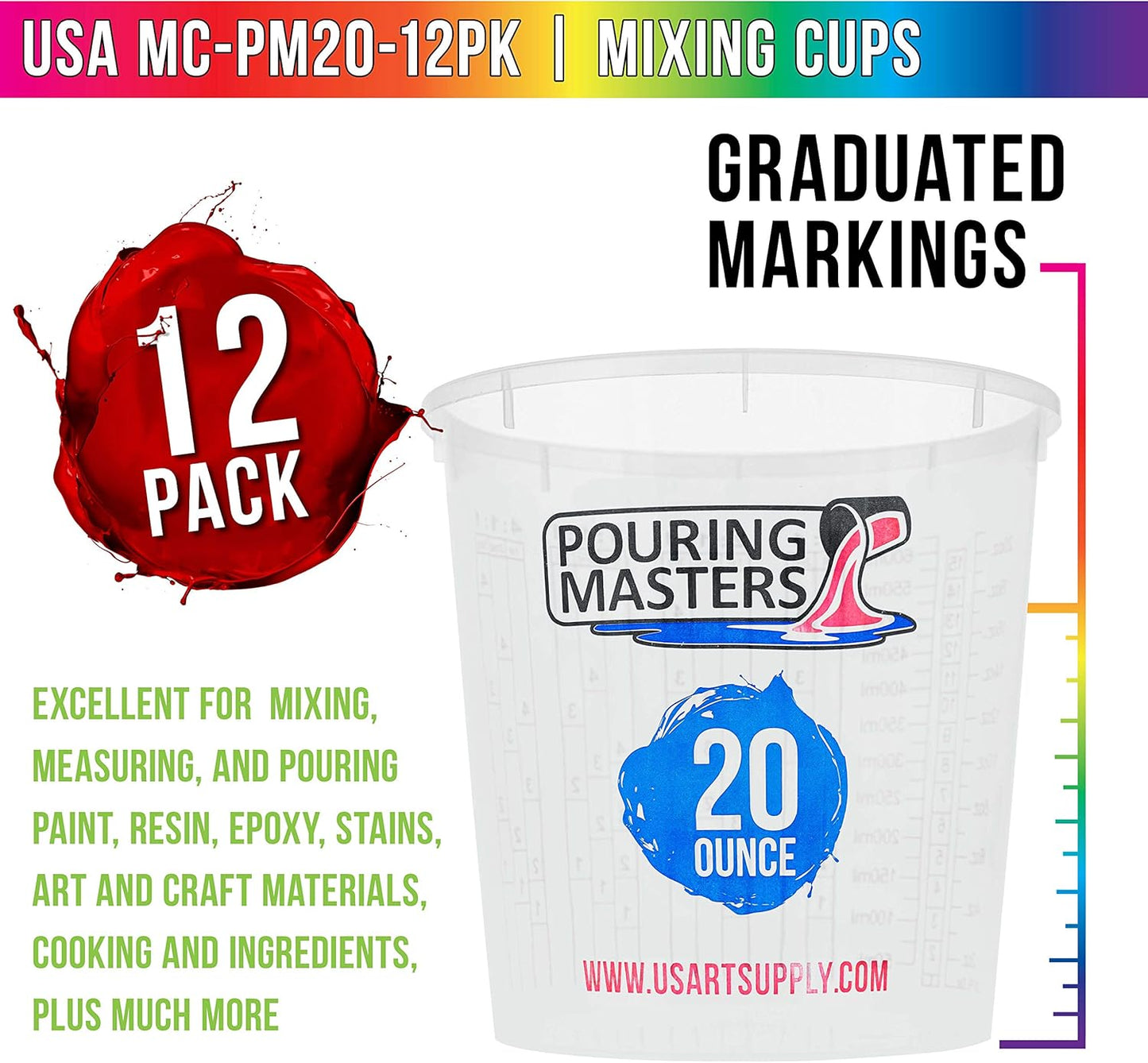 5 Oz (150 ml) Liquid Measuring Cups - Plastic Graduated Cup (50 Pack) with 25 Sticks - Reusable Mixing Cups for Paint, Craft, Kitchen, Lab, Medical Supplies, Epoxy Resin, Art
