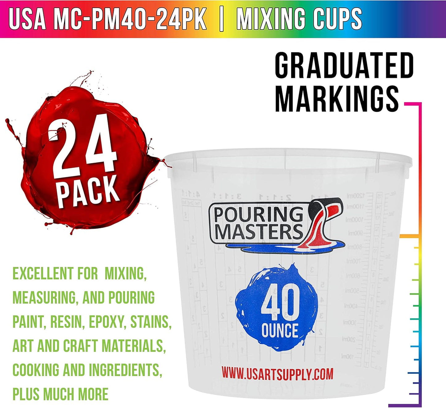 5 Oz (150 ml) Liquid Measuring Cups - Plastic Graduated Cup (50 Pack) with 25 Sticks - Reusable Mixing Cups for Paint, Craft, Kitchen, Lab, Medical Supplies, Epoxy Resin, Art
