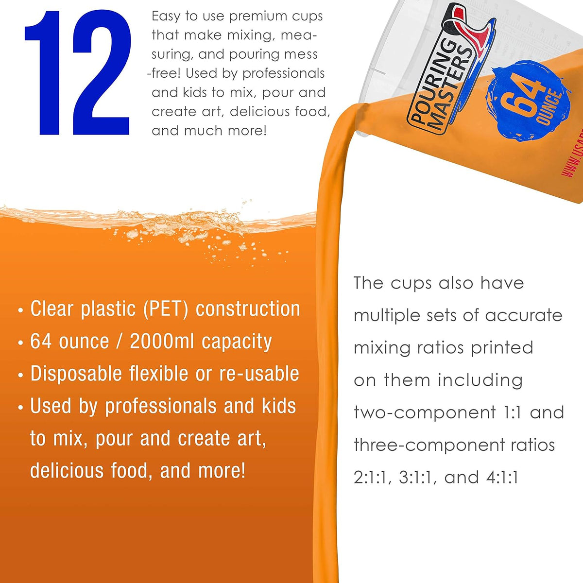 5 Oz (150 ml) Liquid Measuring Cups - Plastic Graduated Cup (50 Pack) with 25 Sticks - Reusable Mixing Cups for Paint, Craft, Kitchen, Lab, Medical Supplies, Epoxy Resin, Art