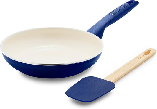 Rio Healthy Ceramic Nonstick 8" Frying Pan Skillet and Silicone Spatula Set, Soft Grip Handle, Breaktfast Meal Set, PFAS-Free, Dishwasher Safe, Oven Safe, Oxford Blue