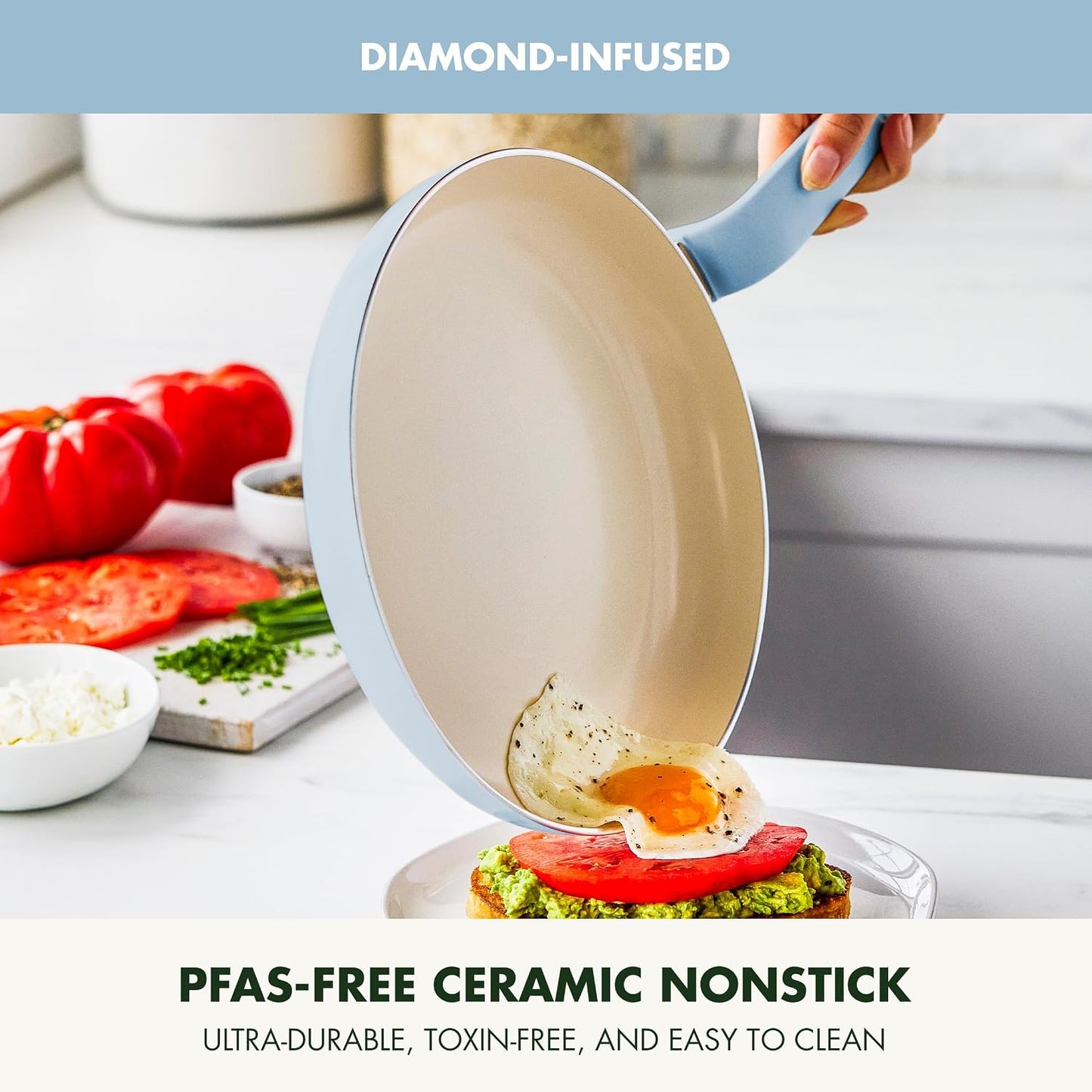 Rio Healthy Ceramic Nonstick 8" Frying Pan Skillet and Silicone Spatula Set, Soft Grip Handle, Breaktfast Meal Set, PFAS-Free, Dishwasher Safe, Oven Safe, Oxford Blue