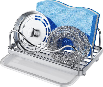 Sponge Holder for Kitchen Sink - Movable Sink Caddy for Countertop Organizer, 304 Stainless Steel Sponge Holder with Detachable Drip Tray for Kitchen Accessories-Silver