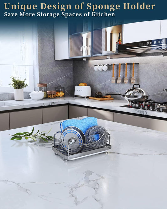 Sponge Holder for Kitchen Sink - Movable Sink Caddy for Countertop Organizer, 304 Stainless Steel Sponge Holder with Detachable Drip Tray for Kitchen Accessories-Silver