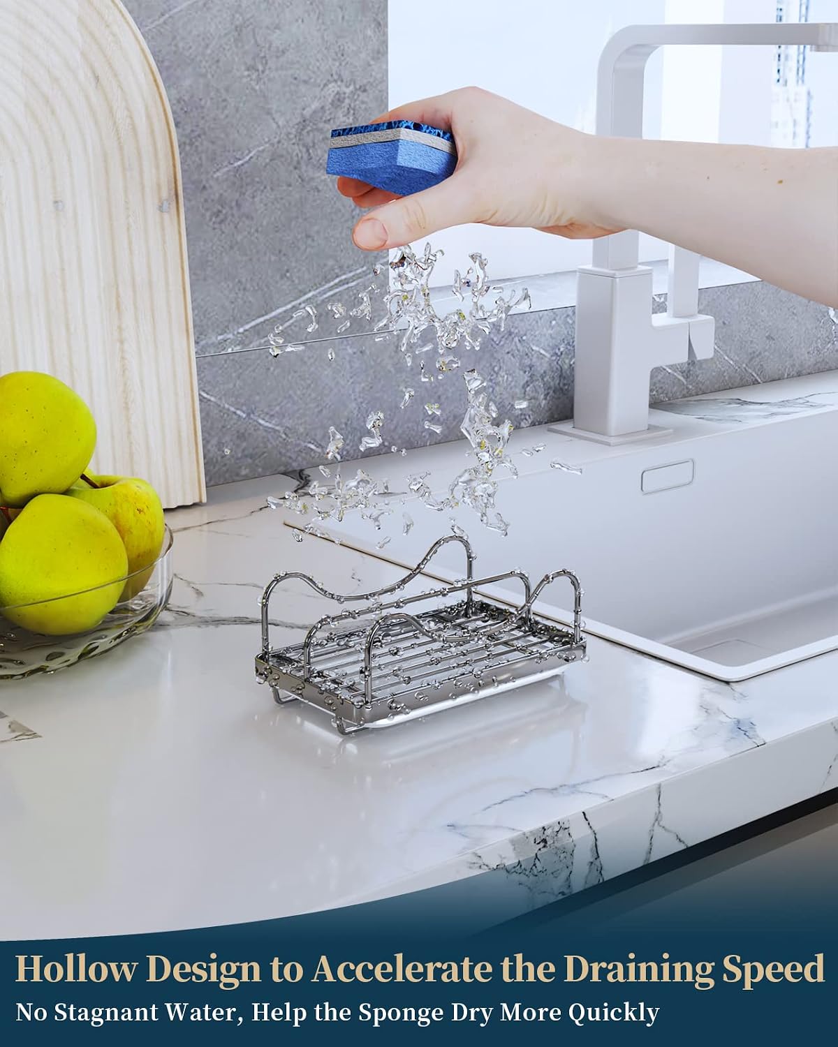 Sponge Holder for Kitchen Sink - Movable Sink Caddy for Countertop Organizer, 304 Stainless Steel Sponge Holder with Detachable Drip Tray for Kitchen Accessories-Silver