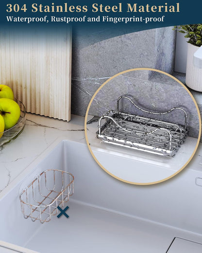 Sponge Holder for Kitchen Sink - Movable Sink Caddy for Countertop Organizer, 304 Stainless Steel Sponge Holder with Detachable Drip Tray for Kitchen Accessories-Silver