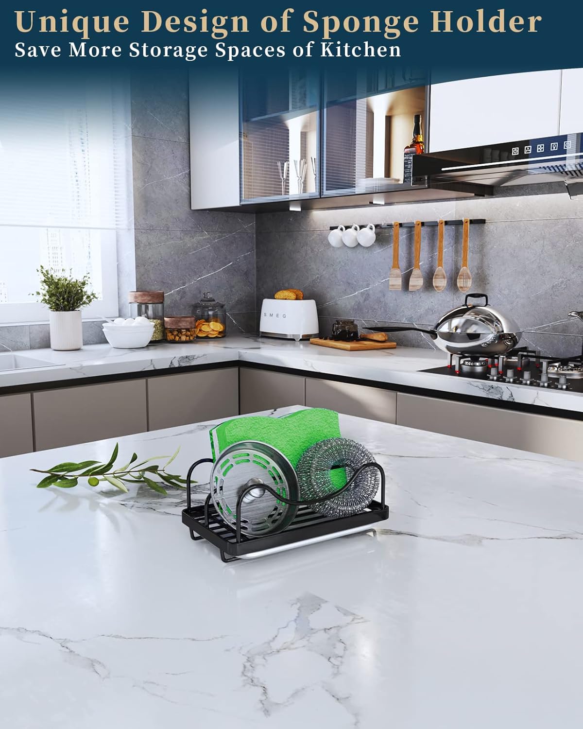 Sponge Holder for Kitchen Sink - Movable Sink Caddy for Countertop Organizer, 304 Stainless Steel Sponge Holder with Detachable Drip Tray for Kitchen Accessories-Silver