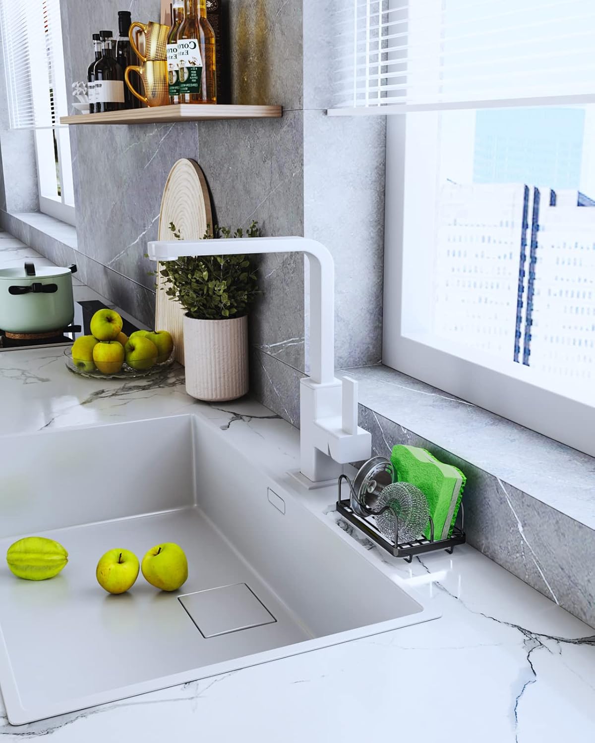 Sponge Holder for Kitchen Sink - Movable Sink Caddy for Countertop Organizer, 304 Stainless Steel Sponge Holder with Detachable Drip Tray for Kitchen Accessories-Silver