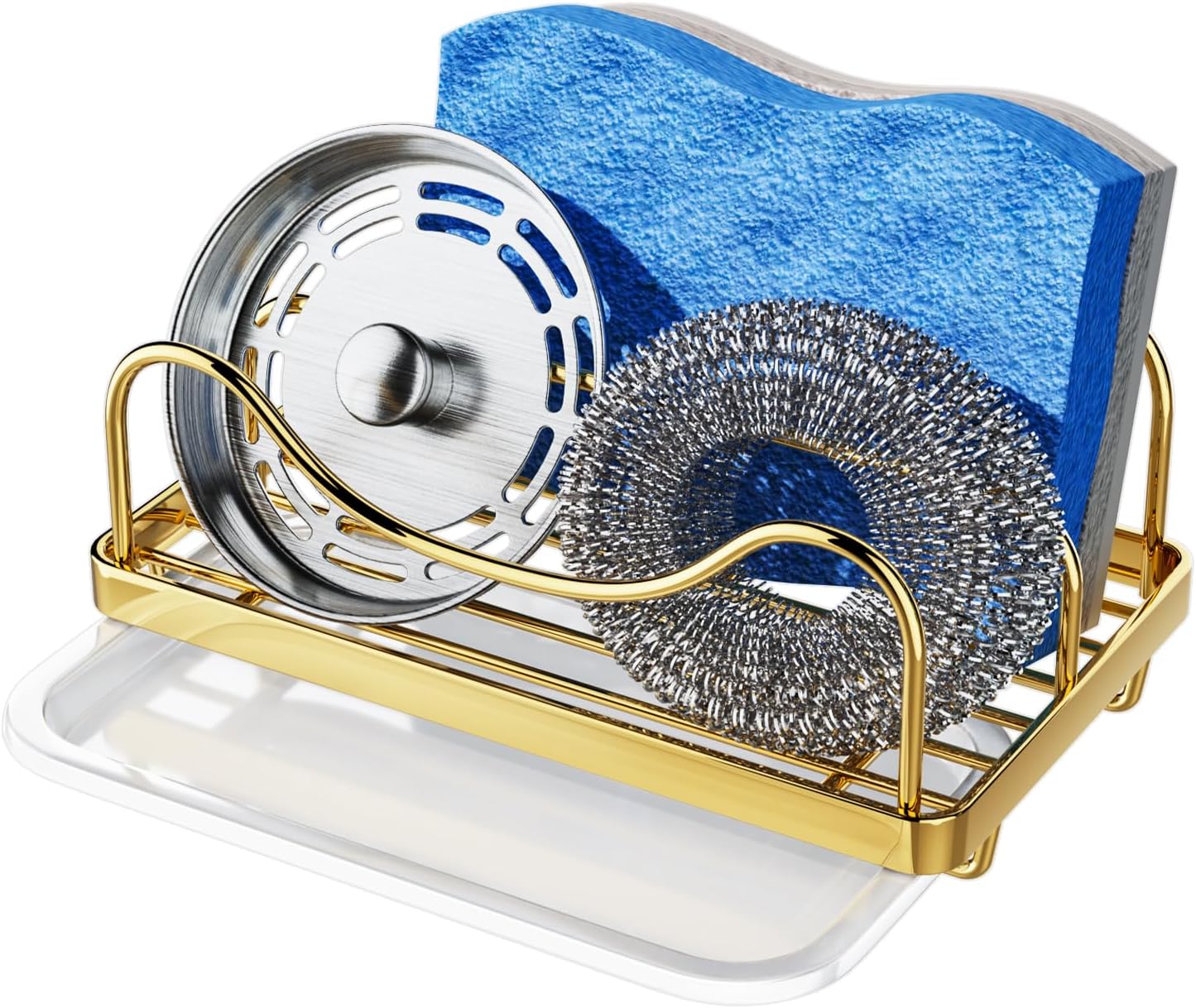 Sponge Holder for Kitchen Sink - Movable Sink Caddy for Countertop Organizer, 304 Stainless Steel Sponge Holder with Detachable Drip Tray for Kitchen Accessories-Silver