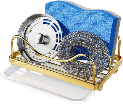 Sponge Holder for Kitchen Sink - Movable Sink Caddy for Countertop Organizer, 304 Stainless Steel Sponge Holder with Detachable Drip Tray for Kitchen Accessories-Silver