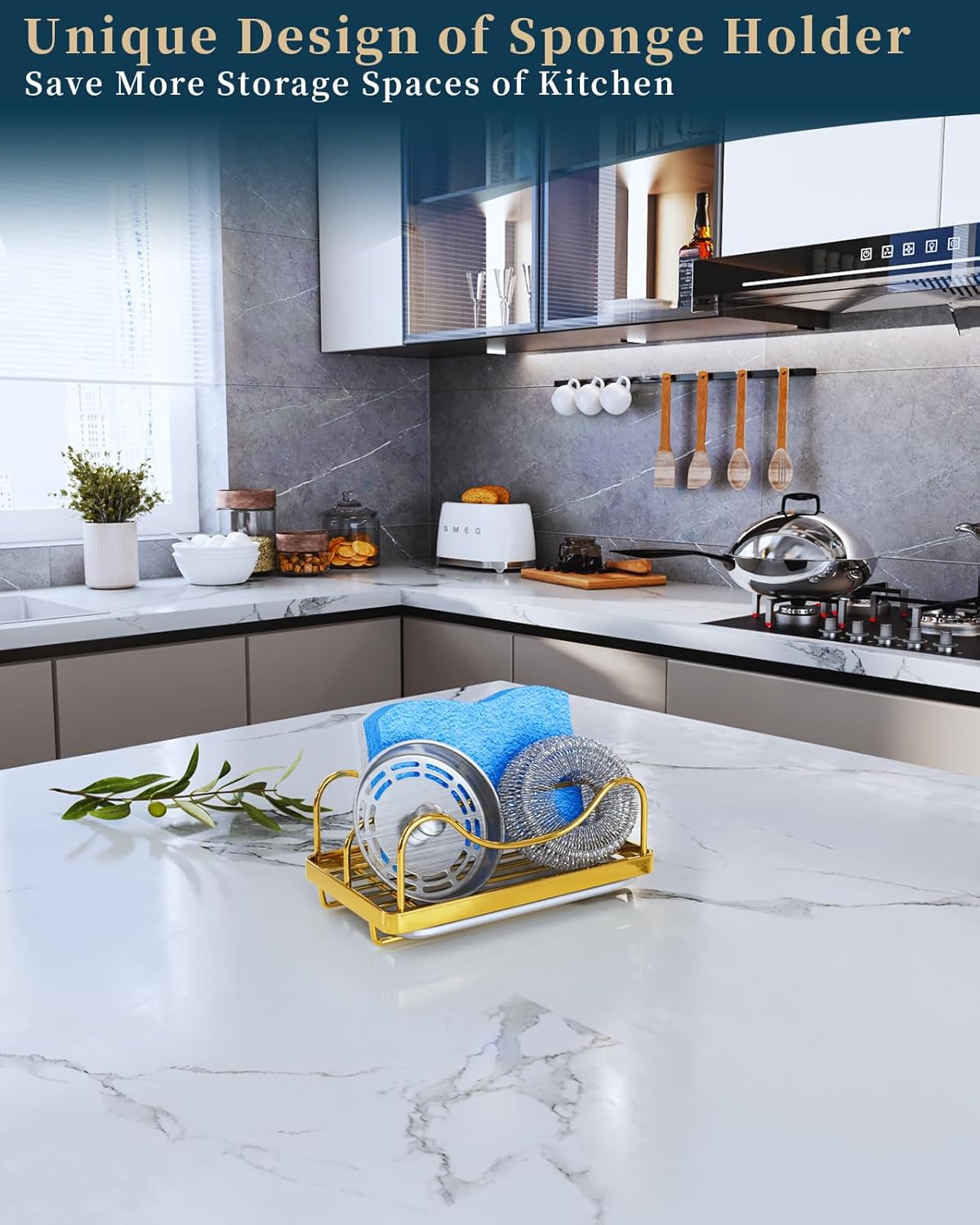 Sponge Holder for Kitchen Sink - Movable Sink Caddy for Countertop Organizer, 304 Stainless Steel Sponge Holder with Detachable Drip Tray for Kitchen Accessories-Silver