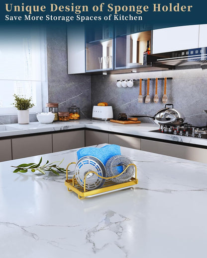 Sponge Holder for Kitchen Sink - Movable Sink Caddy for Countertop Organizer, 304 Stainless Steel Sponge Holder with Detachable Drip Tray for Kitchen Accessories-Silver