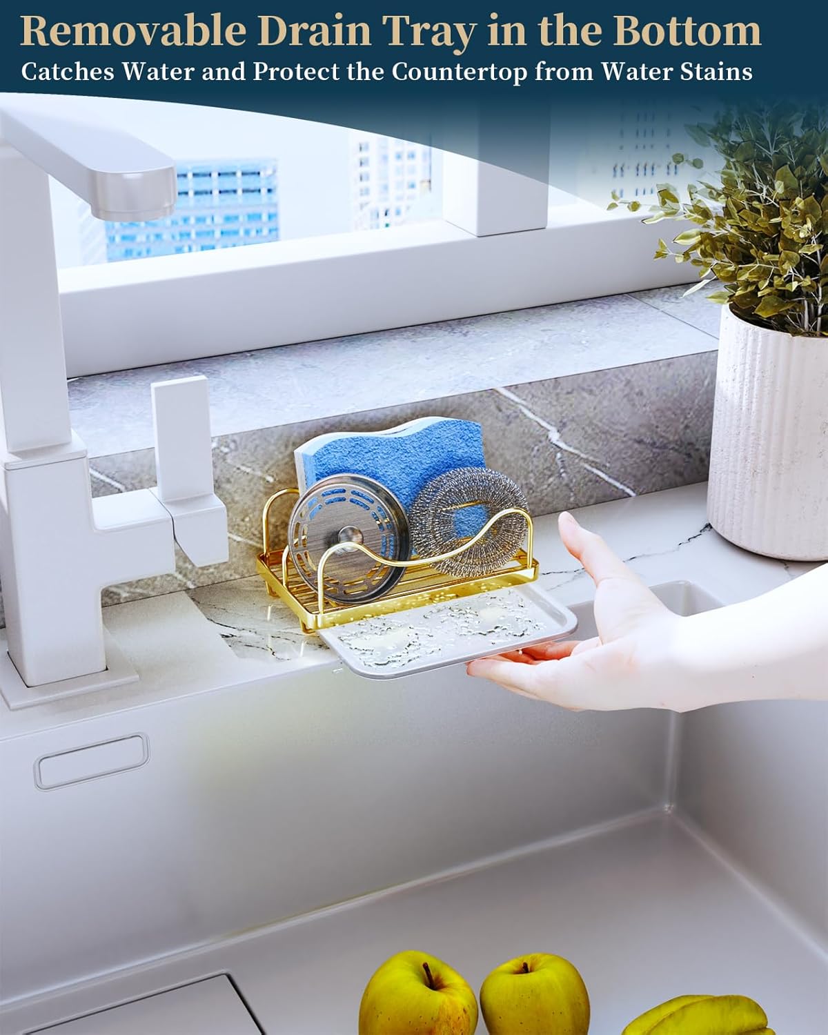Sponge Holder for Kitchen Sink - Movable Sink Caddy for Countertop Organizer, 304 Stainless Steel Sponge Holder with Detachable Drip Tray for Kitchen Accessories-Silver
