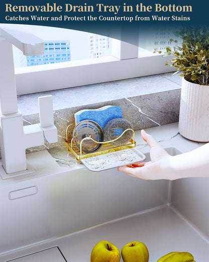 Sponge Holder for Kitchen Sink - Movable Sink Caddy for Countertop Organizer, 304 Stainless Steel Sponge Holder with Detachable Drip Tray for Kitchen Accessories-Silver