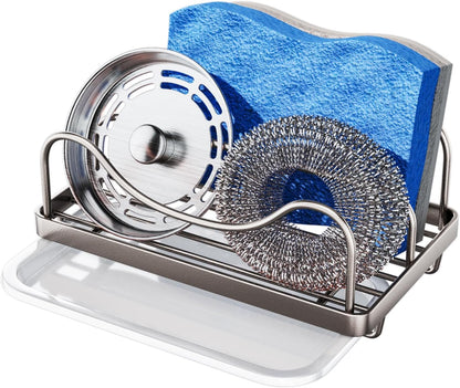 Sponge Holder for Kitchen Sink - Movable Sink Caddy for Countertop Organizer, 304 Stainless Steel Sponge Holder with Detachable Drip Tray for Kitchen Accessories-Silver
