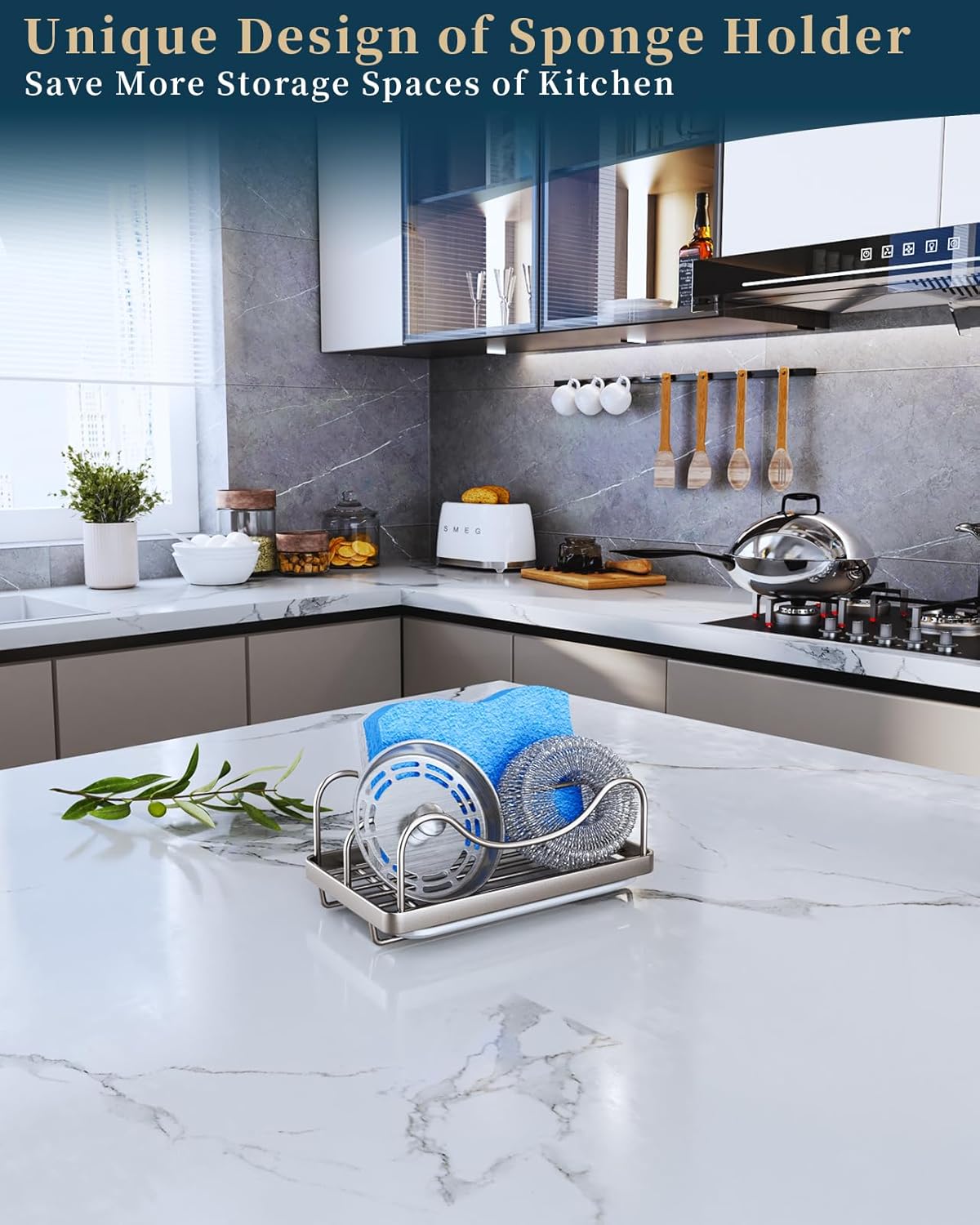 Sponge Holder for Kitchen Sink - Movable Sink Caddy for Countertop Organizer, 304 Stainless Steel Sponge Holder with Detachable Drip Tray for Kitchen Accessories-Silver