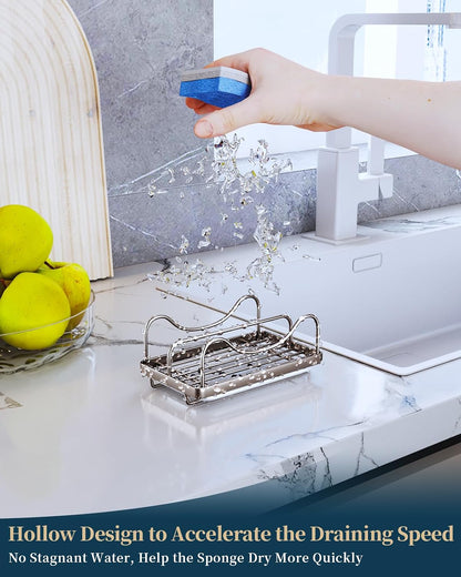 Sponge Holder for Kitchen Sink - Movable Sink Caddy for Countertop Organizer, 304 Stainless Steel Sponge Holder with Detachable Drip Tray for Kitchen Accessories-Silver