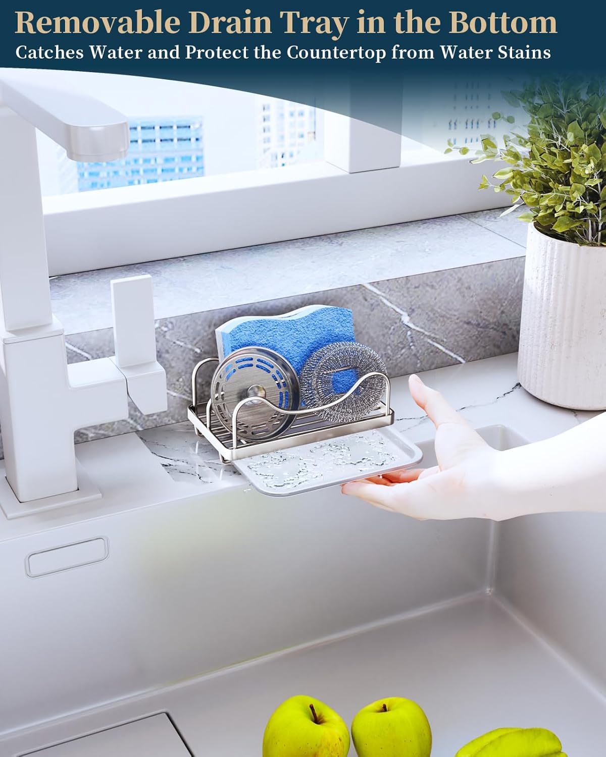Sponge Holder for Kitchen Sink - Movable Sink Caddy for Countertop Organizer, 304 Stainless Steel Sponge Holder with Detachable Drip Tray for Kitchen Accessories-Silver