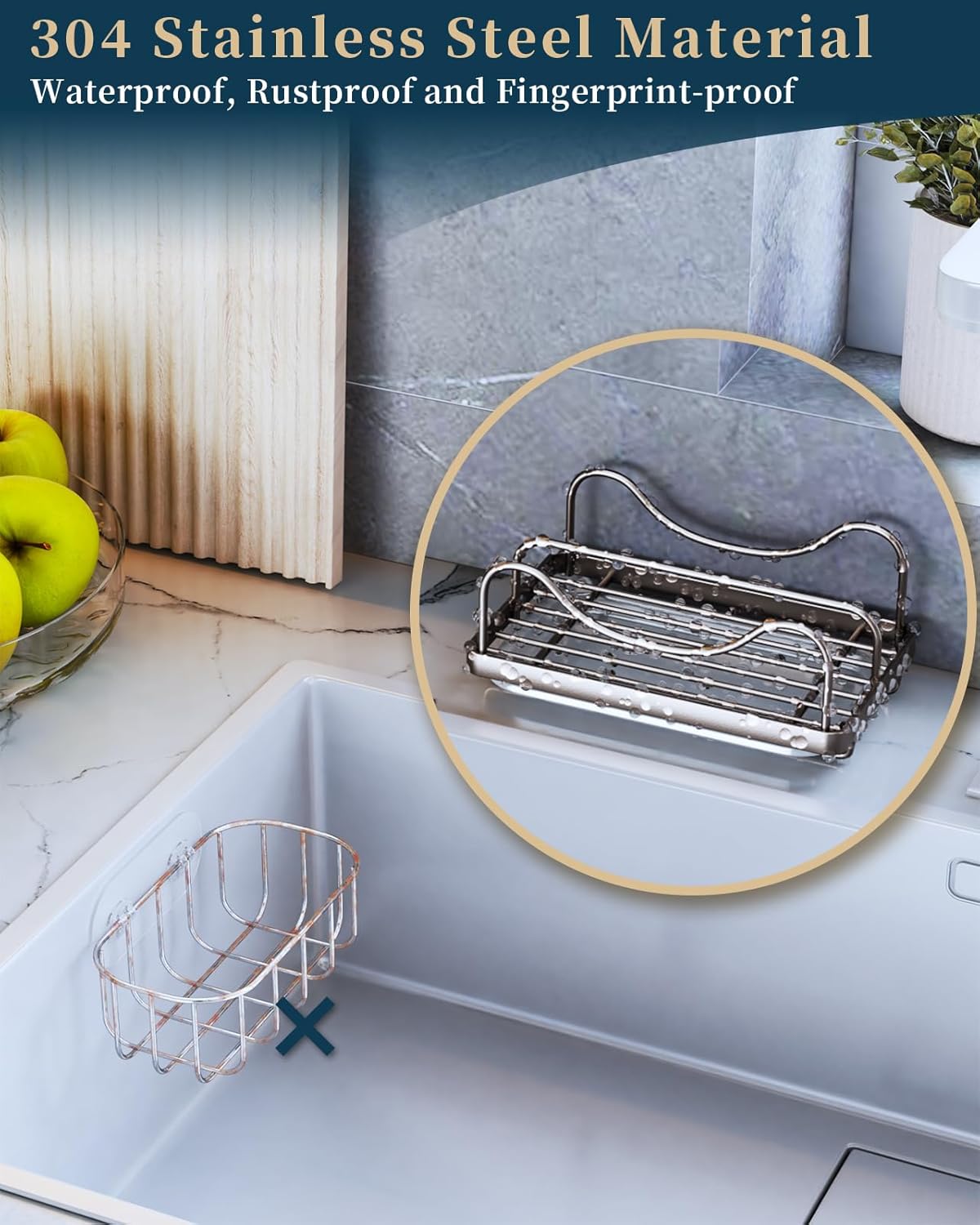 Sponge Holder for Kitchen Sink - Movable Sink Caddy for Countertop Organizer, 304 Stainless Steel Sponge Holder with Detachable Drip Tray for Kitchen Accessories-Silver