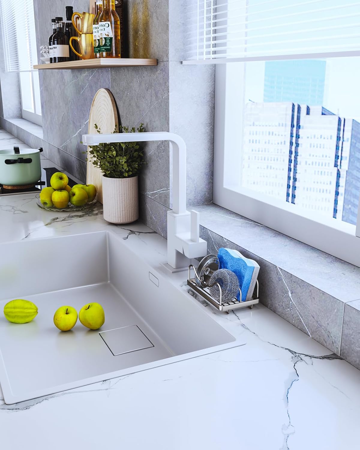 Sponge Holder for Kitchen Sink - Movable Sink Caddy for Countertop Organizer, 304 Stainless Steel Sponge Holder with Detachable Drip Tray for Kitchen Accessories-Silver