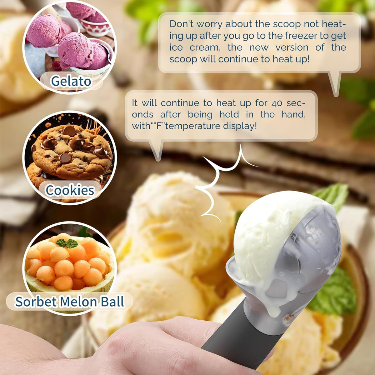Heated Ice Cream Scoop Rechargeable, Electric Warming Ice Cream Scooper with LED Display, Heats to 158°F for Hard Ice Cream, Easy for Seniors & Kids, IP67 Waterproof (Black, 2 oz)