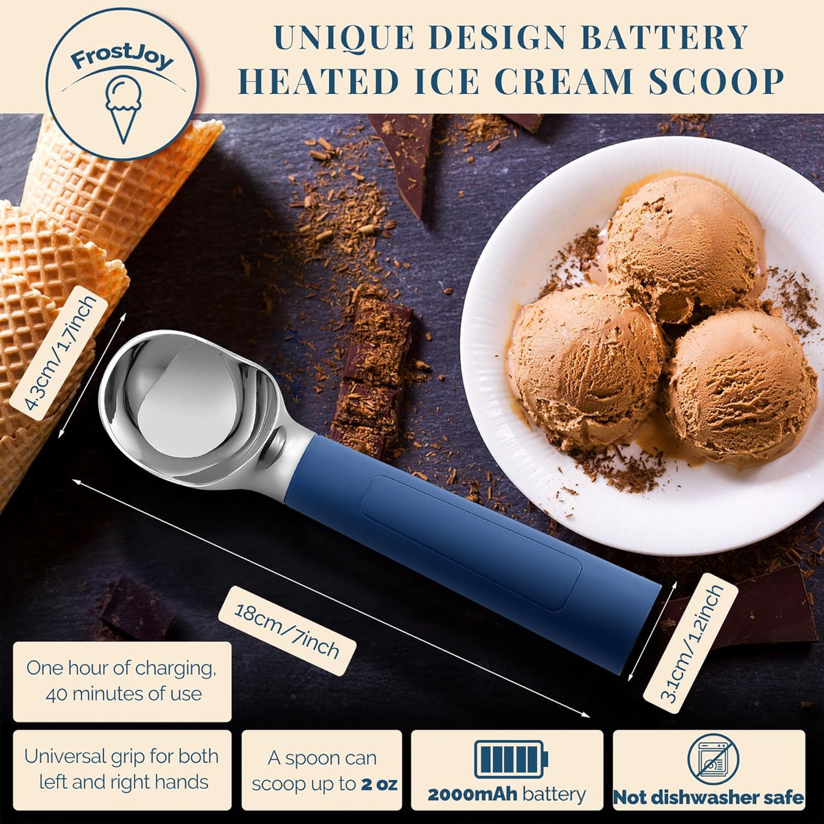 Heated Ice Cream Scoop Rechargeable, Electric Warming Ice Cream Scooper with LED Display, Heats to 158°F for Hard Ice Cream, Easy for Seniors & Kids, IP67 Waterproof (Black, 2 oz)