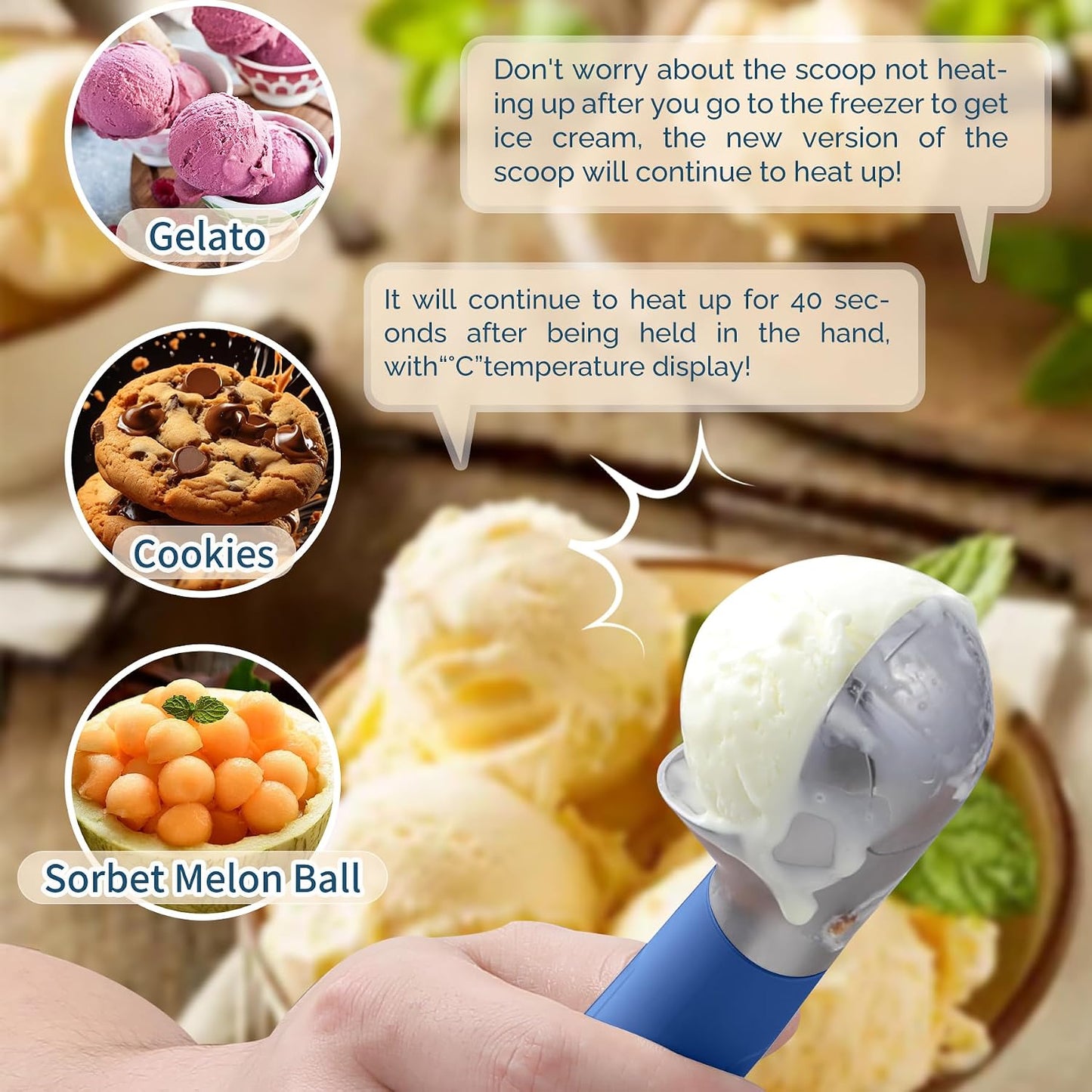 Heated Ice Cream Scoop Rechargeable, Electric Warming Ice Cream Scooper with LED Display, Heats to 158°F for Hard Ice Cream, Easy for Seniors & Kids, IP67 Waterproof (Black, 2 oz)