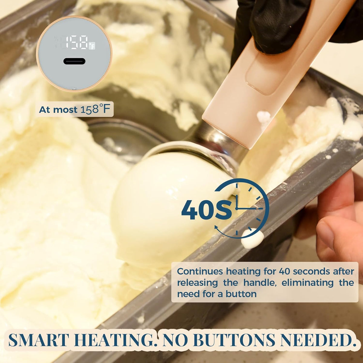Heated Ice Cream Scoop Rechargeable, Electric Warming Ice Cream Scooper with LED Display, Heats to 158°F for Hard Ice Cream, Easy for Seniors & Kids, IP67 Waterproof (Black, 2 oz)