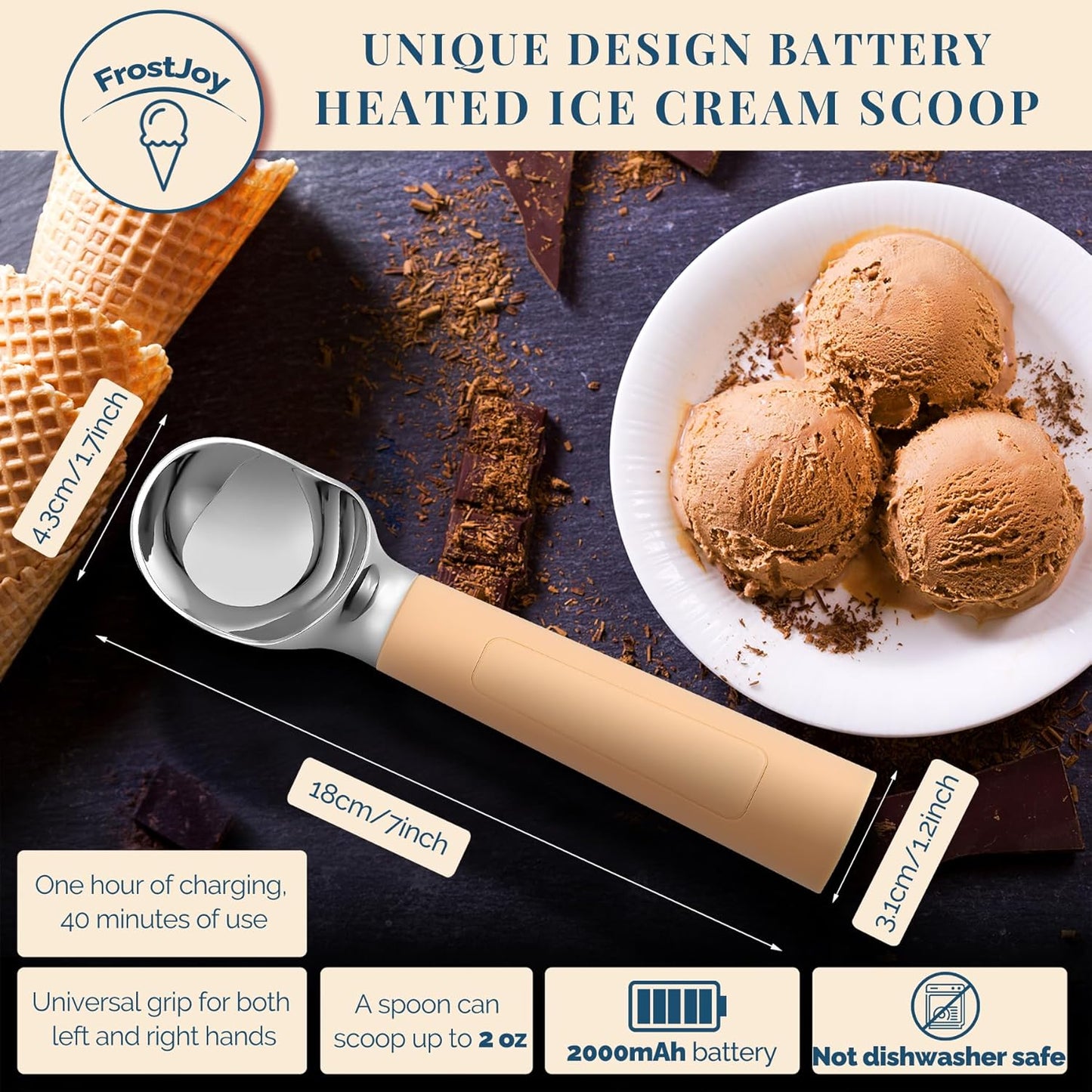 Heated Ice Cream Scoop Rechargeable, Electric Warming Ice Cream Scooper with LED Display, Heats to 158°F for Hard Ice Cream, Easy for Seniors & Kids, IP67 Waterproof (Black, 2 oz)