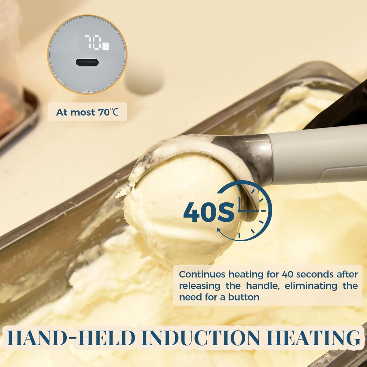 Heated Ice Cream Scoop Rechargeable, Electric Warming Ice Cream Scooper with LED Display, Heats to 158°F for Hard Ice Cream, Easy for Seniors & Kids, IP67 Waterproof (Black, 2 oz)